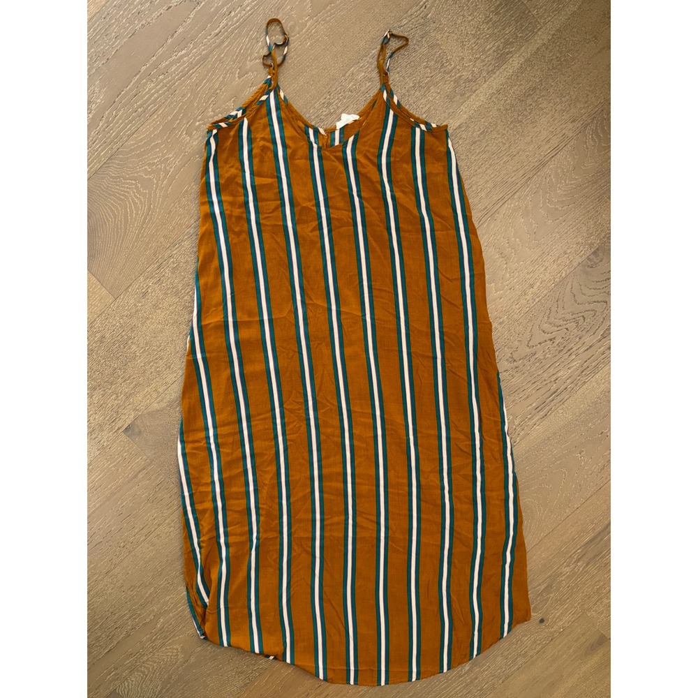 Entro Womens Striped Midi Dress Mustard Yellow Teal White V-Neck Rayon Large
